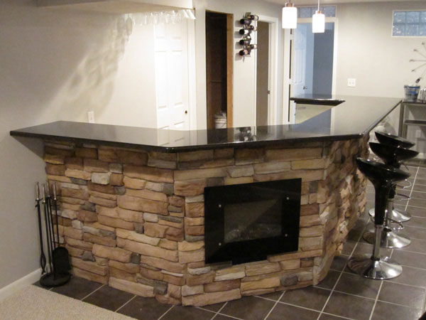black pearl granite bar countertop with built in fireplace